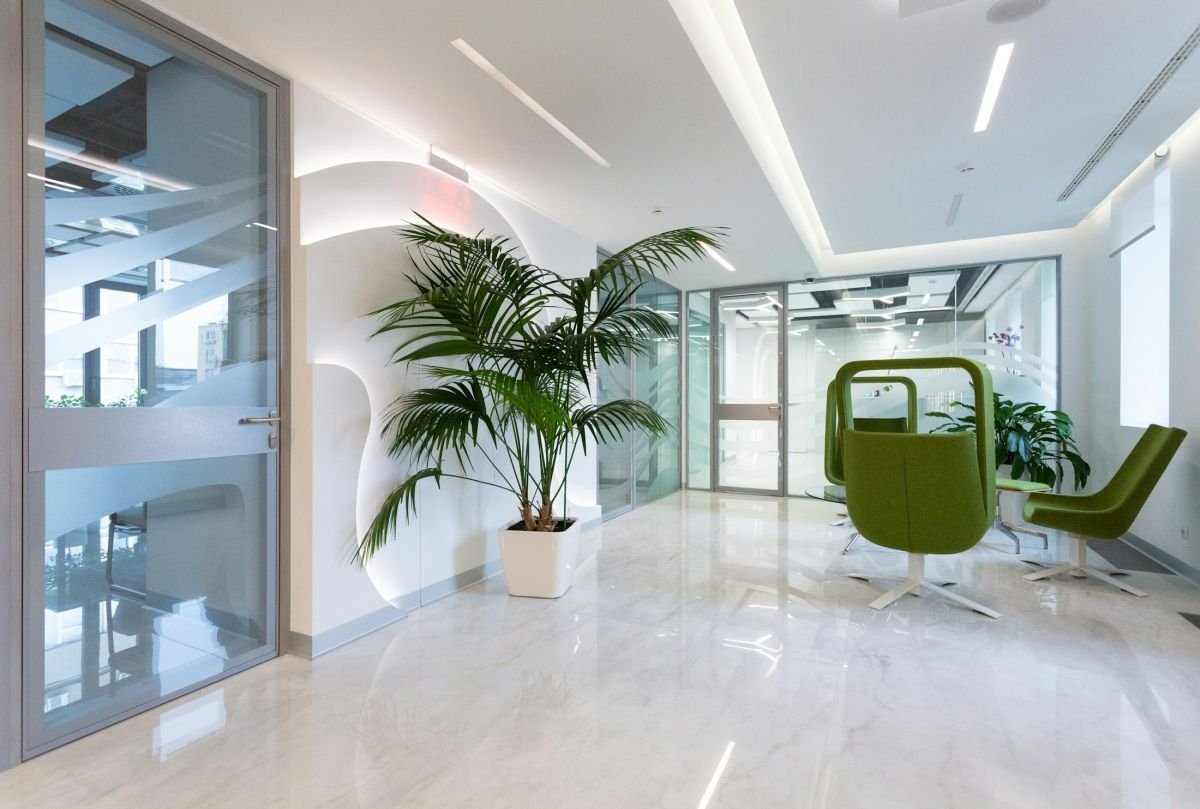 Bright white office interior with glass partitions and plants